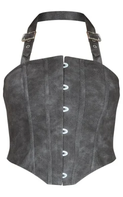 Faux Leather Woven Hook & Eye Buckle Halterneck Boned Corset-PrettyLittleThing Online