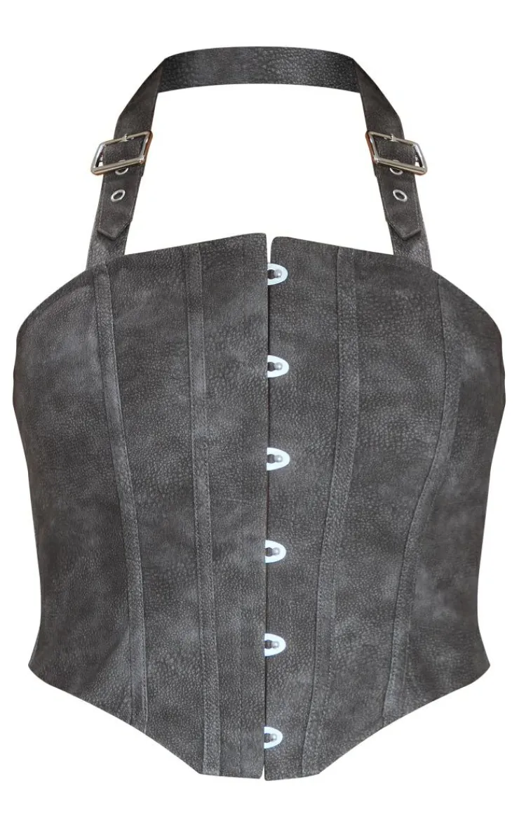 Faux Leather Woven Hook & Eye Buckle Halterneck Boned Corset-PrettyLittleThing Online