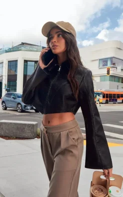 PrettyLittleThing Shirts*Faux Leather Zip Cropped Shirt