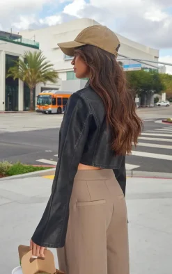 PrettyLittleThing Shirts*Faux Leather Zip Cropped Shirt