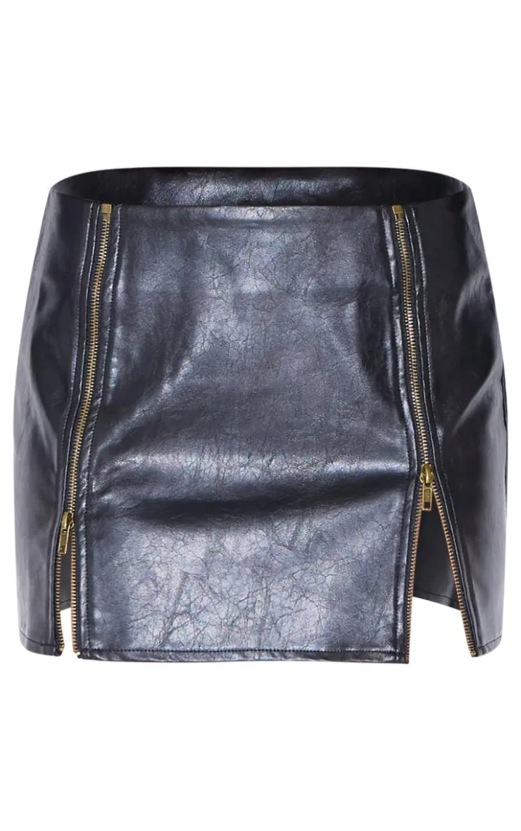 New PrettyLittleThing Faux Leather Zip Seam Detail Mini Skirt Black