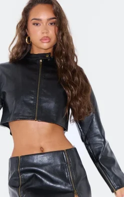Discount PrettyLittleThing Faux Leather Zip Up Cropped Jacket Black