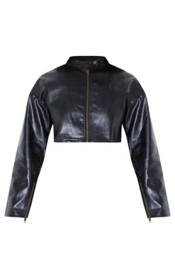 Discount PrettyLittleThing Faux Leather Zip Up Cropped Jacket Black