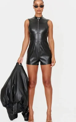 Faux Leather Zip Up Sleeveless Romper-PrettyLittleThing Discount