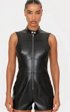 Faux Leather Zip Up Sleeveless Romper-PrettyLittleThing Discount