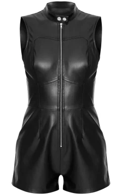 Faux Leather Zip Up Sleeveless Romper-PrettyLittleThing Discount