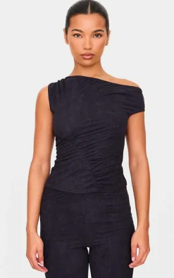 Hot PrettyLittleThing Faux Suede Asymmetric Ruched Top Black