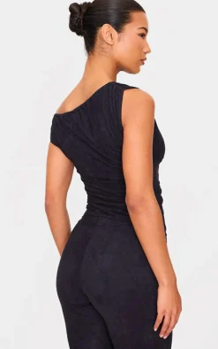 Hot PrettyLittleThing Faux Suede Asymmetric Ruched Top Black