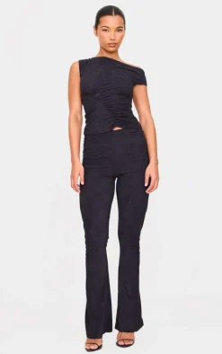 Hot PrettyLittleThing Faux Suede Asymmetric Ruched Top Black