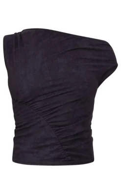 Hot PrettyLittleThing Faux Suede Asymmetric Ruched Top Black