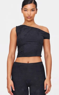 Outlet PrettyLittleThing Faux Suede Asymmetric Crop Top Black