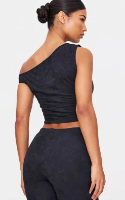 Outlet PrettyLittleThing Faux Suede Asymmetric Crop Top Black