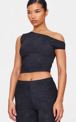 Outlet PrettyLittleThing Faux Suede Asymmetric Crop Top Black
