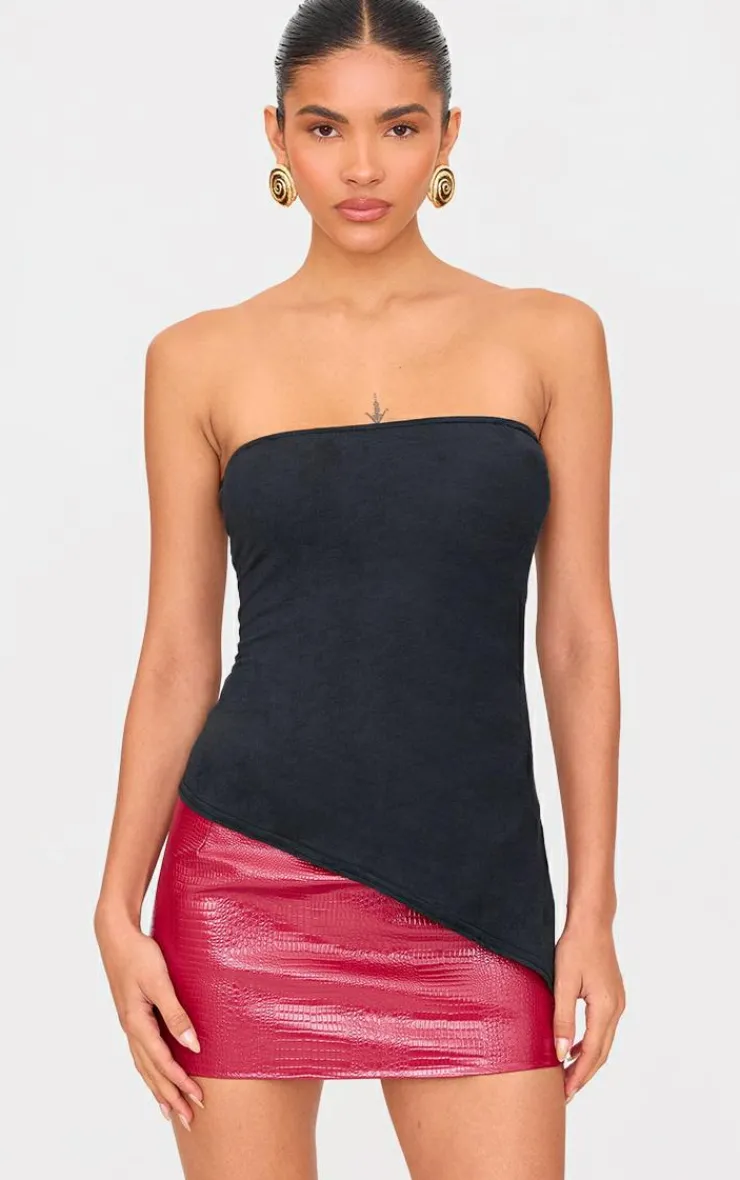 PrettyLittleThing Sleeveless Tops*Faux Suede Asymmetric Hem Bandeau Top