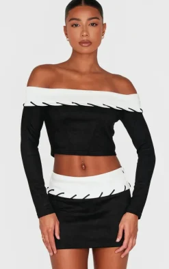 Discount PrettyLittleThing Faux Suede Contrast Foldover Stitch Detail Bardot Top Black