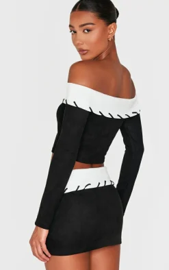 Discount PrettyLittleThing Faux Suede Contrast Foldover Stitch Detail Bardot Top Black