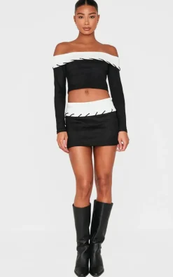 Discount PrettyLittleThing Faux Suede Contrast Foldover Stitch Detail Bardot Top Black