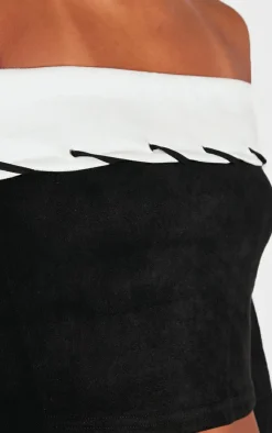 Discount PrettyLittleThing Faux Suede Contrast Foldover Stitch Detail Bardot Top Black