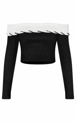 Discount PrettyLittleThing Faux Suede Contrast Foldover Stitch Detail Bardot Top Black