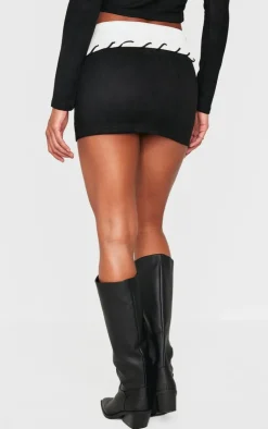 Clearance PrettyLittleThing Faux Suede Contrast Foldover Stitch Detail Mini Skirt Black