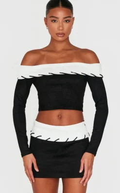 Clearance PrettyLittleThing Faux Suede Contrast Foldover Stitch Detail Mini Skirt Black
