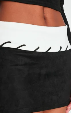 Clearance PrettyLittleThing Faux Suede Contrast Foldover Stitch Detail Mini Skirt Black
