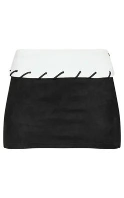 Clearance PrettyLittleThing Faux Suede Contrast Foldover Stitch Detail Mini Skirt Black