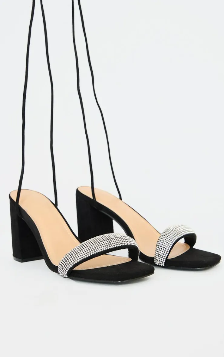 PrettyLittleThing Platform Sandals*Faux Suede Diamante Strap Lace Up Block Heeled Sandals