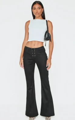 Black Faux Suede Lace Up Straight Leg Pant