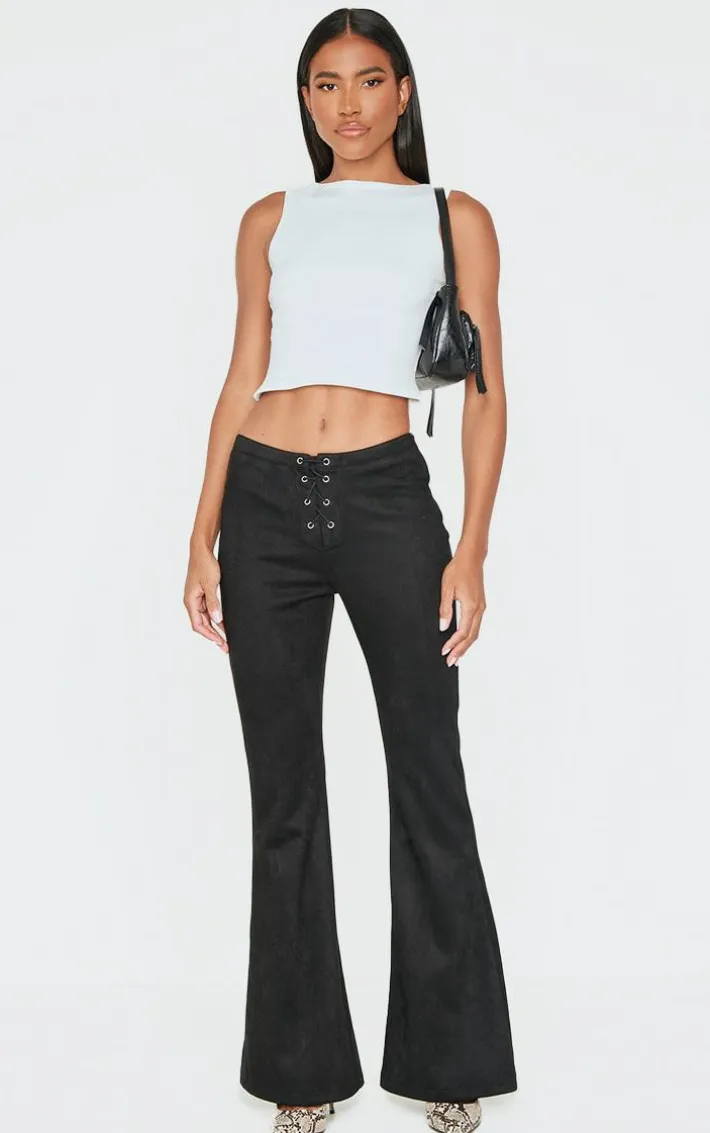 Black Faux Suede Lace Up Straight Leg Pant