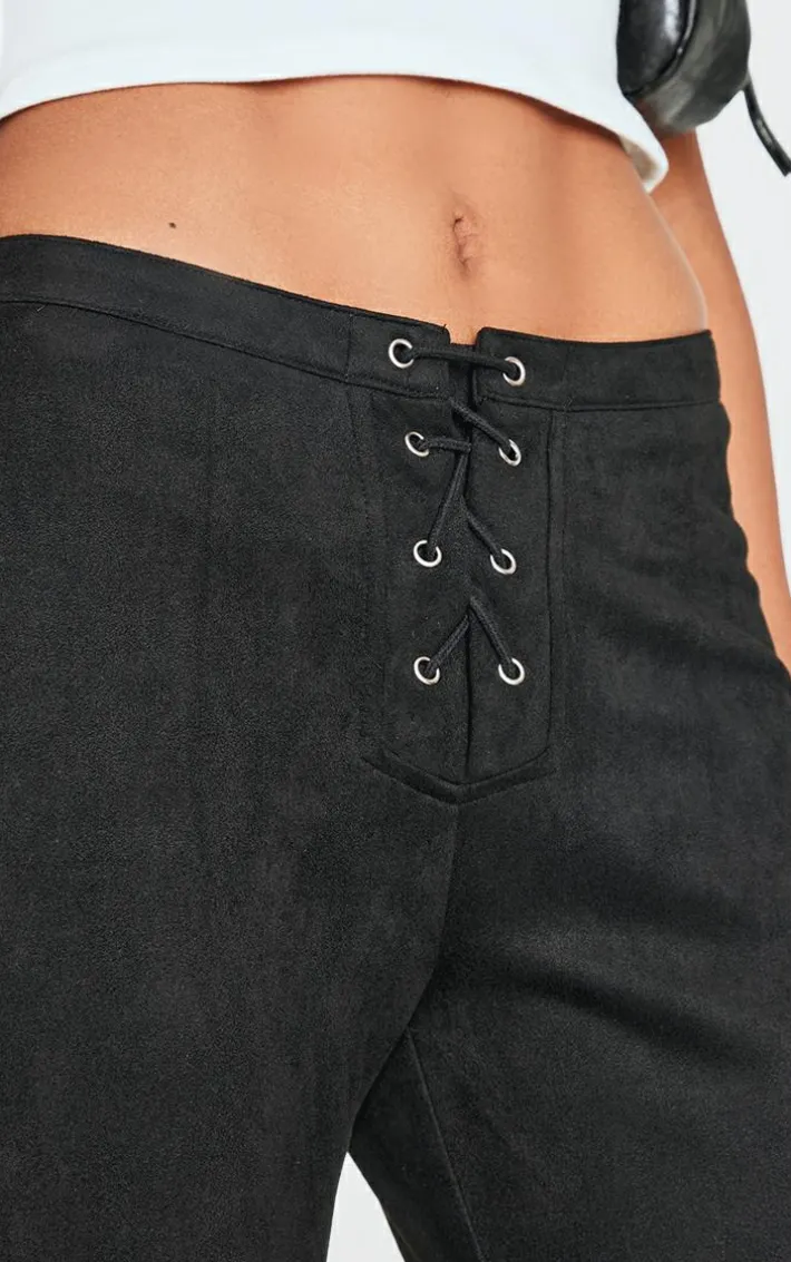 Black Faux Suede Lace Up Straight Leg Pant