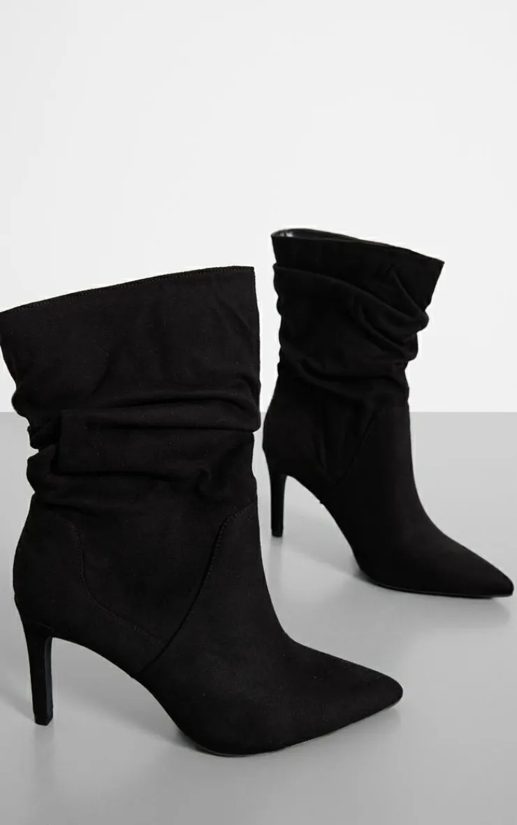 PrettyLittleThing High Heels*Faux Suede Point Toe Ruched High Heeled Ankle Boots