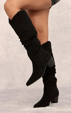 PrettyLittleThing High Heels*Faux Suede Point Toe Ruched Knee High Heeled Western Boots