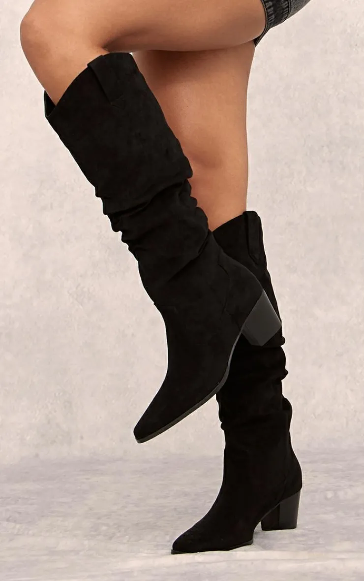 PrettyLittleThing High Heels*Faux Suede Point Toe Ruched Knee High Heeled Western Boots