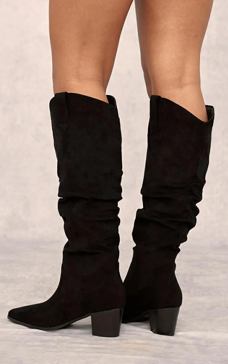 PrettyLittleThing High Heels*Faux Suede Point Toe Ruched Knee High Heeled Western Boots