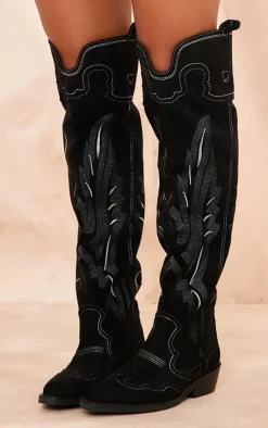 PrettyLittleThing Over The Knee Boots*Faux Suede Point Toe Contrast Stitch Over The Knee Western Boots