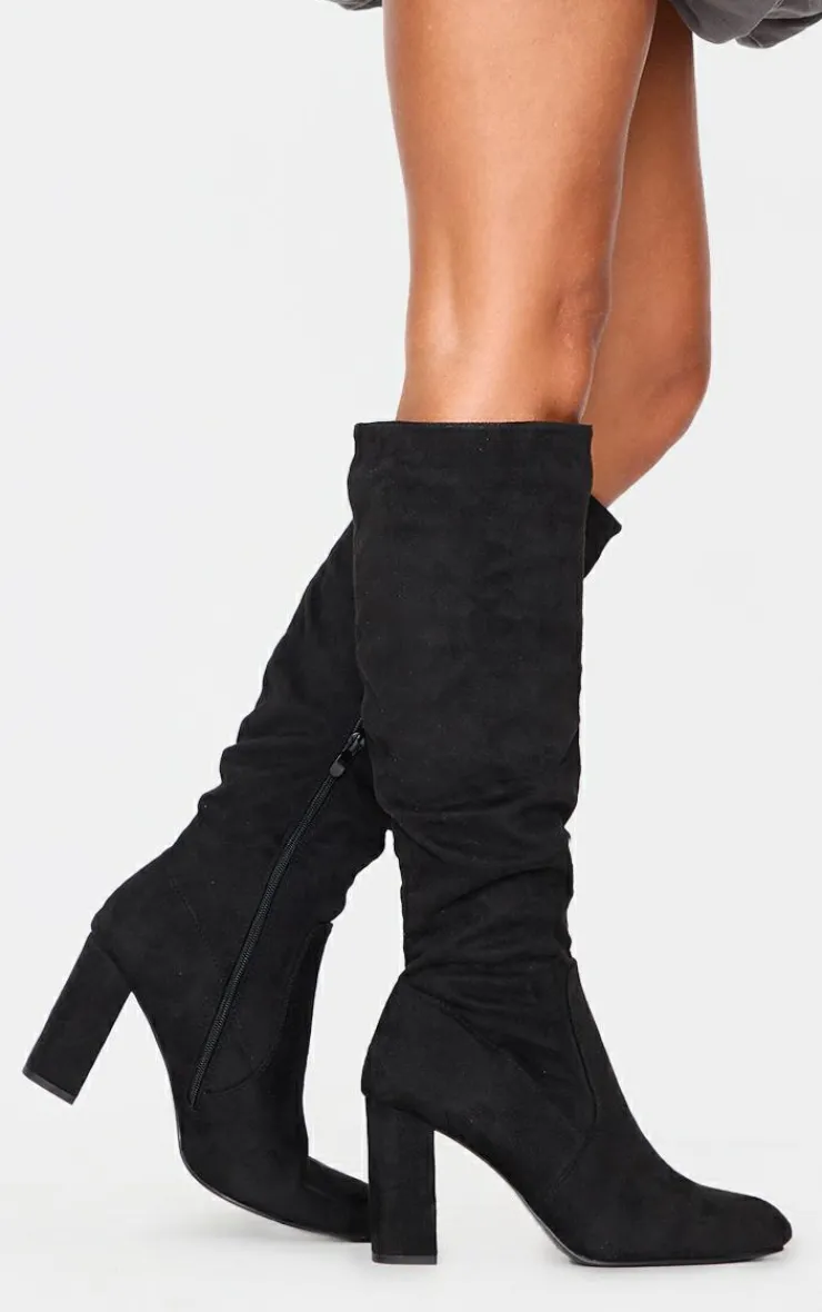 PrettyLittleThing Knee High Boots*Faux Suede Point Toe Ruched High Blocked Heeled Knee Boots