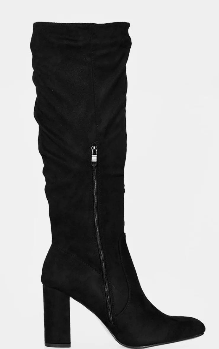 PrettyLittleThing Knee High Boots*Faux Suede Point Toe Ruched High Blocked Heeled Knee Boots
