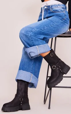 PrettyLittleThing Platforms*Faux Suede Round Toe Buckle Detail Chunky Platform Ankle Boots