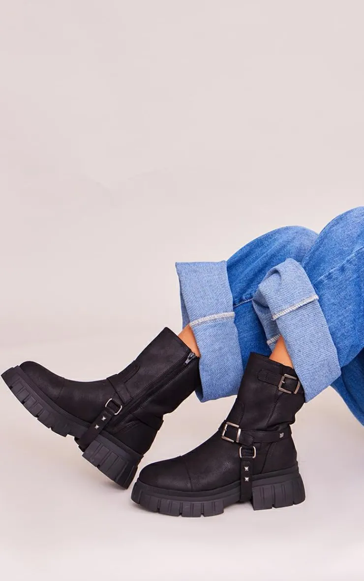 PrettyLittleThing Platforms*Faux Suede Round Toe Buckle Detail Chunky Platform Ankle Boots