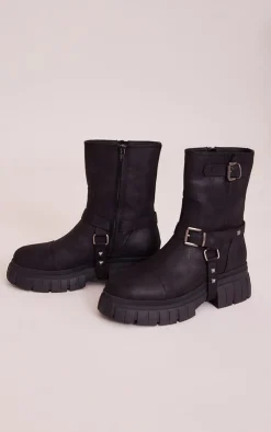PrettyLittleThing Platforms*Faux Suede Round Toe Buckle Detail Chunky Platform Ankle Boots