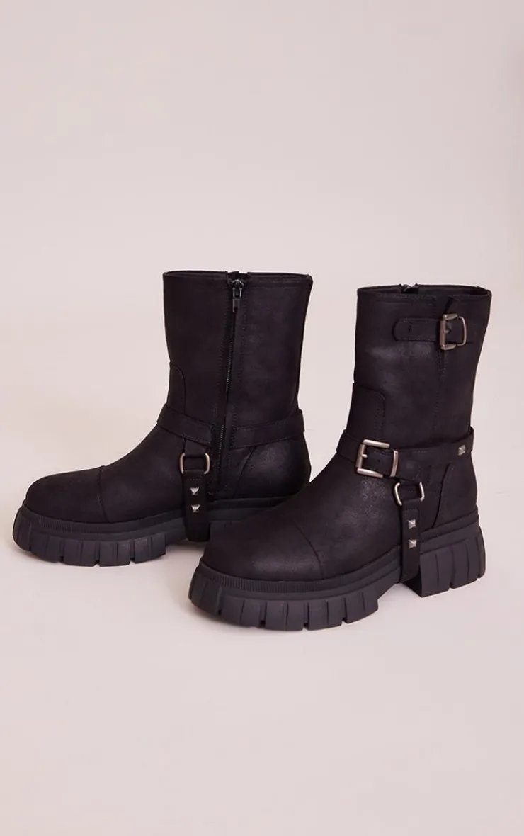 PrettyLittleThing Platforms*Faux Suede Round Toe Buckle Detail Chunky Platform Ankle Boots