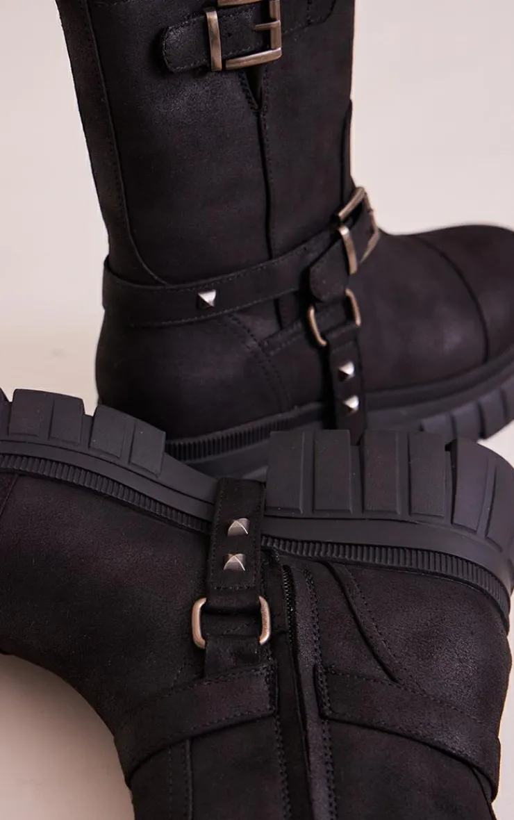 PrettyLittleThing Platforms*Faux Suede Round Toe Buckle Detail Chunky Platform Ankle Boots
