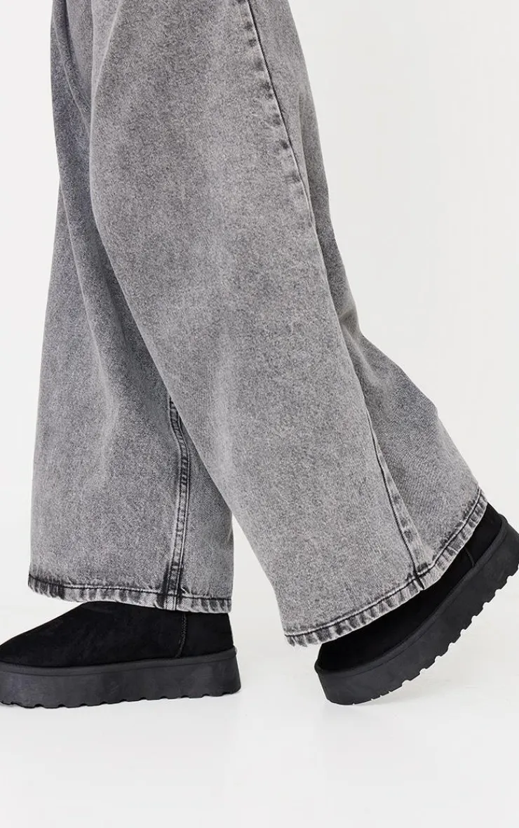 PrettyLittleThing Black Boots*Faux Suede Round Toe Stitched Borg Lined Ankle Boots