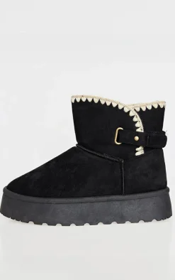 PrettyLittleThing Black Boots*Faux Suede Round Toe Stitched Borg Lined Ankle Boots