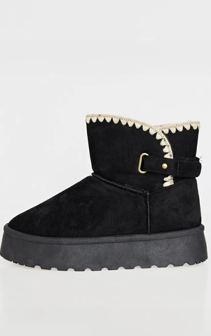 PrettyLittleThing Black Boots*Faux Suede Round Toe Stitched Borg Lined Ankle Boots