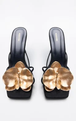 PrettyLittleThing Mules*Faux Suede Square Toe Gold Flower Detailed Heeled Mules