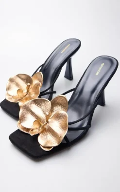 PrettyLittleThing Mules*Faux Suede Square Toe Gold Flower Detailed Heeled Mules