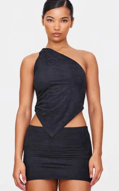 Clearance PrettyLittleThing Faux Suede Twist Detail One Shoulder Top Black