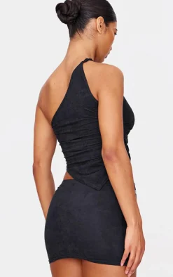 Clearance PrettyLittleThing Faux Suede Twist Detail One Shoulder Top Black